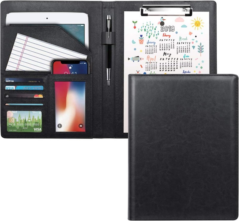 WAVEYU Business Portfolio Folder for Men Women, Padfolio Cover, Conference/Resume/Legal Document Organizer with Letter/A4 Size Clipboard Hardboard, Business Card Holders, Document Sleeve, Black - Image 1