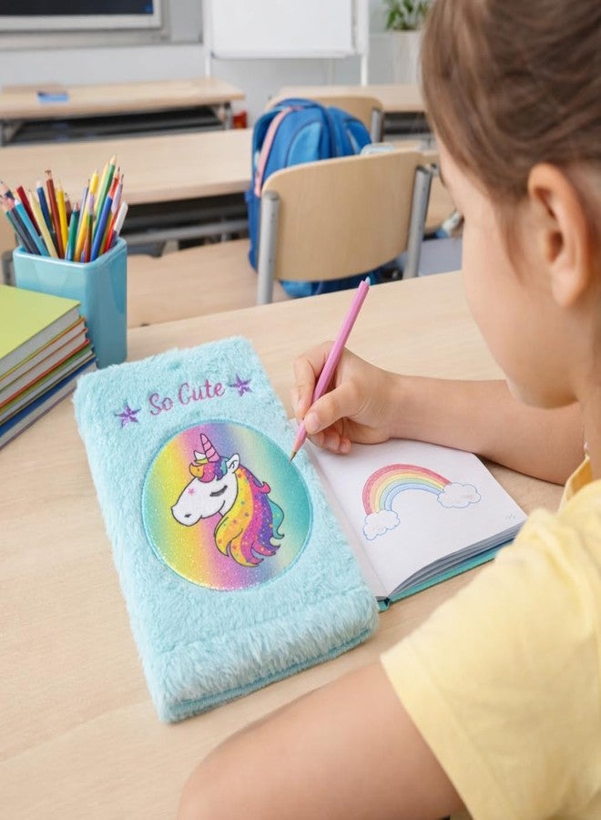 DTR Creation مفكرة يونيكورن قطيفة ناعمة للأطفال من دي تي آر كرييشن | دفتر ملاحظات فروي لطيف بحجم A5 | مفكرة بغلاف ناعم أزرق اللون للكتابة والرسم والإهداء - Image 4