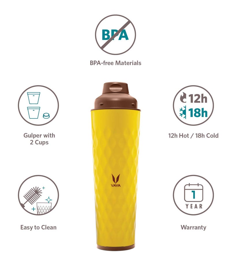 VAYA DRYNK Stainless Steel Water Bottle for Office, 600ml Vacuum Insulated Flask Water Bottle with Gupler Lid, Hot and Cold Thermos Flask for Adults, Leakproof Travel Bottle,Yellow - Image 3