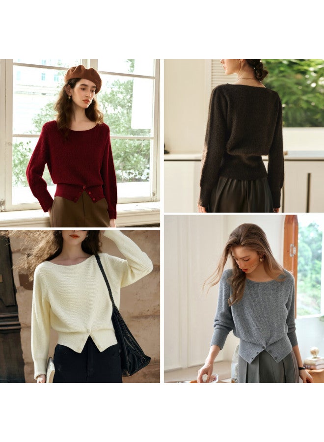 Olrain Eurielle French Style Off-shoulder Sweater Women Spring Autumn New Split Hem Waist Slim Pullover Red XL - Image 3