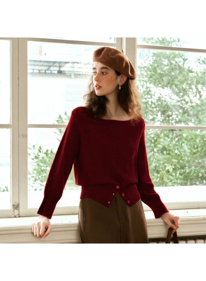 Olrain Eurielle French Style Off-shoulder Sweater Women Spring Autumn New Split Hem Waist Slim Pullover Red XL - Image 1