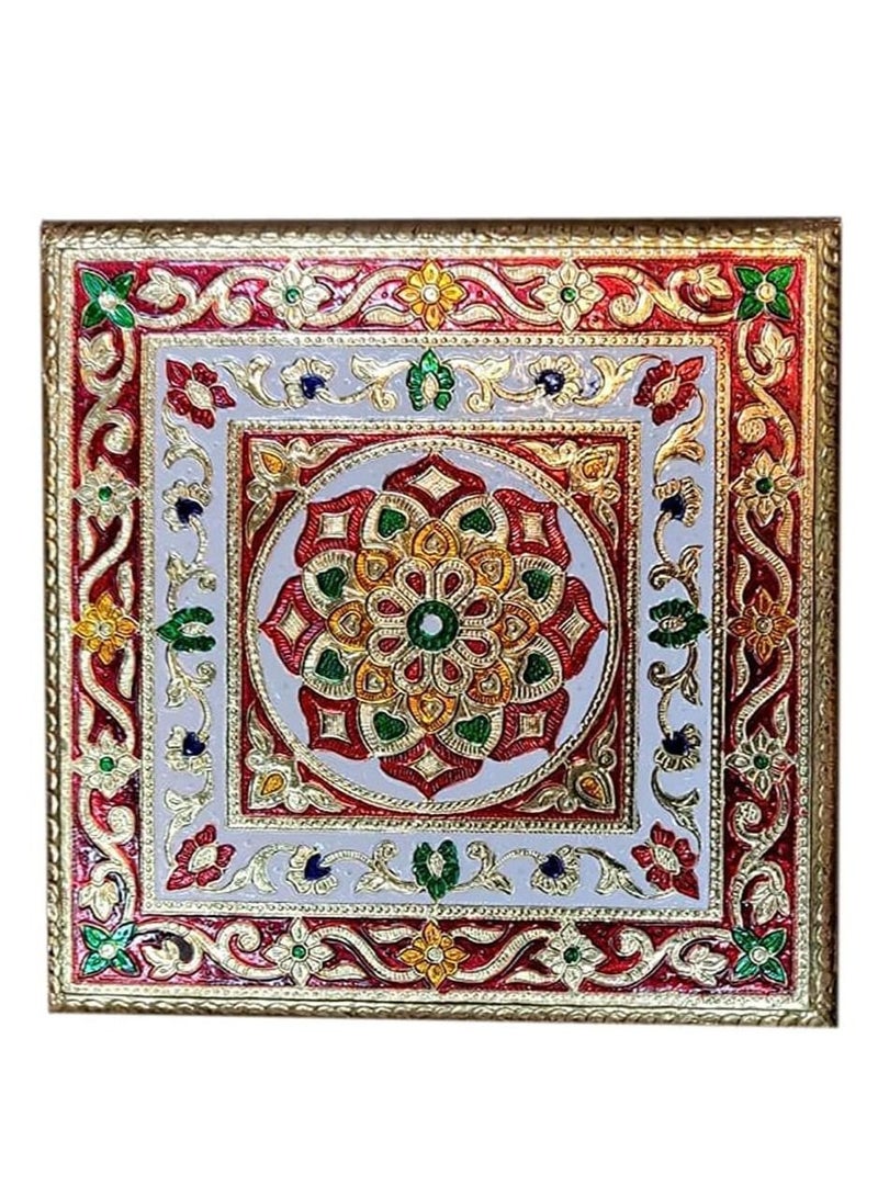 Generic Handcrafted Wood Minakari Chowki aluminium wrap Flower Design | Premium Quality Bajot with Metal Stand for Home & Office Decor Size (20 x 20 x 4)  - Image 2