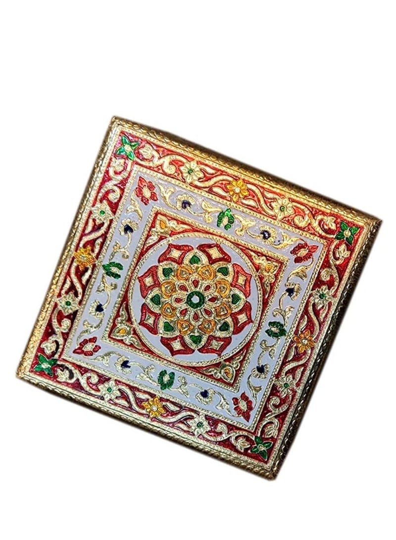 Generic Handcrafted Wood Minakari Chowki aluminium wrap Flower Design | Premium Quality Bajot with Metal Stand for Home & Office Decor Size (20 x 20 x 4)  - Image 3