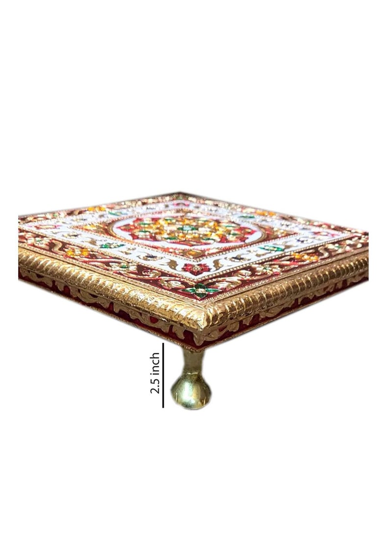 Generic Handcrafted Wood Minakari Chowki aluminium wrap Flower Design | Premium Quality Bajot with Metal Stand for Home & Office Decor Size (20 x 20 x 4)  - Image 1