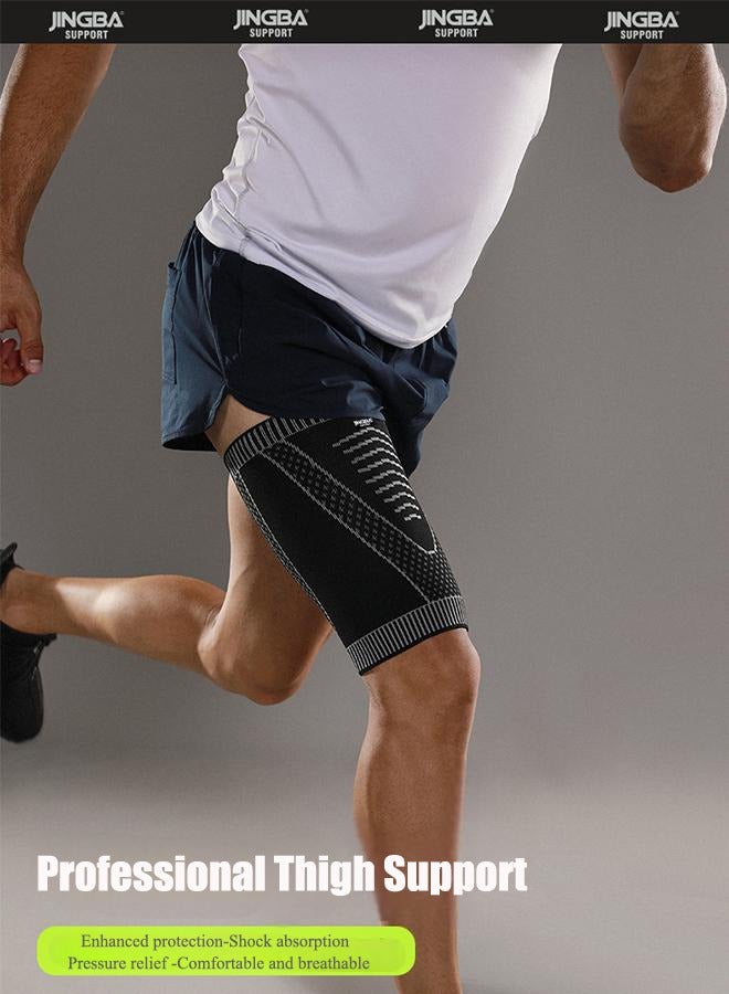 جينجبا سابورت كم ضاغط للفخذ من جينغبا - كم مانع للانزلاق - لدعم أوتار الركبة، وعضلات الفخذ، وشد وإجهاد الفخذ - للجري، وكرة السلة، والتنس، وكرة القدم، والرياضة - دعم رياضي للفخذ (مجموعة واحدة - أسود، مقاس كبير) - Image 1