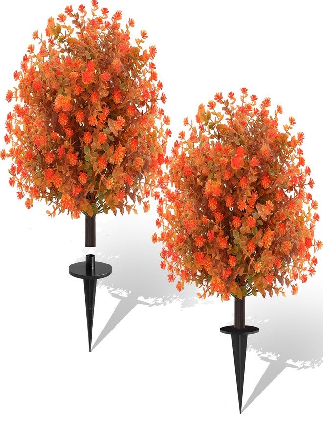 PASARA 2 Pack Fall Artificial Topiary Bushes - 23" Boxwood Ball Trees with Mums, UV Resistant Faux Plants with Ground Spike for Outdoor, Fake Shrubs for Garden Porch Patio Autumn Thanksgiving Decor - Image 1