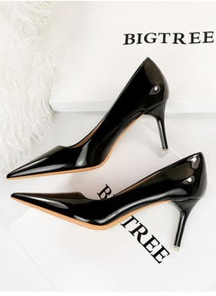 BIGTREE Women's Fashionable Shiny Stiletto Pumps 7.5cm Elegant Gorgeous Closed Pointed Toe Slip On Solid High Heels Black 