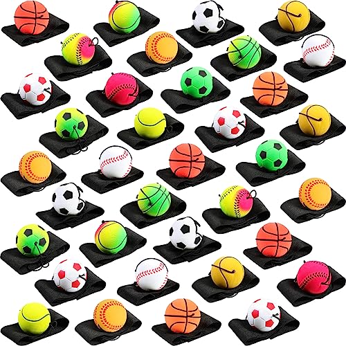Skylety 36 Pcs Wrist Return Ball on a String 185 Rebound Sport Ball with Elastic Strap and String Basketball Baseball Soccer Tennis Wristband Toy for Teens Adults Gifts Wrist Exercise or Play - Image 1