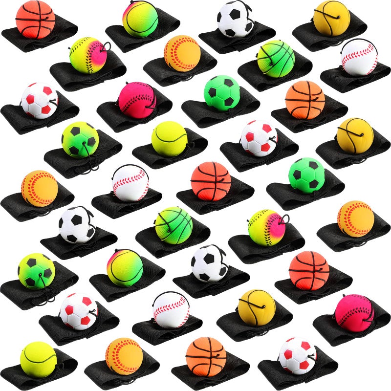 Skylety 36 Pcs Wrist Return Ball on a String 185 Rebound Sport Ball with Elastic Strap and String Basketball Baseball Soccer Tennis Wristband Toy for Teens Adults Gifts Wrist Exercise or Play - Image 2