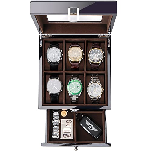 ProCase 6 Slots Lacquered Finish Wooden Watch Box for Men Mens Watch Organizer with Glass Top 2Tier Display Case for Wristwatch Storage Valentines Day Gift for Him Fathers Day Gift Black - Image 1
