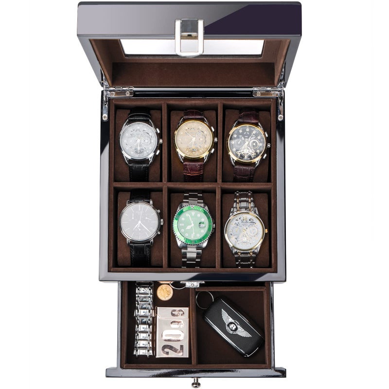 ProCase 6 Slots Lacquered Finish Wooden Watch Box for Men Mens Watch Organizer with Glass Top 2Tier Display Case for Wristwatch Storage Valentines Day Gift for Him Fathers Day Gift Black - Image 2