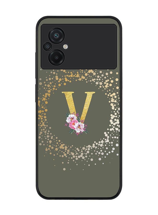 Stylizedd Rugged Black edge case for Xiaomi Poco M5 Slim fit Soft Case Flexible Rubber Edges TPU Gel Thin Cover - Custom Monogram Initial Letter Floral Pattern Alphabet - V (Olive Green) - Image 1
