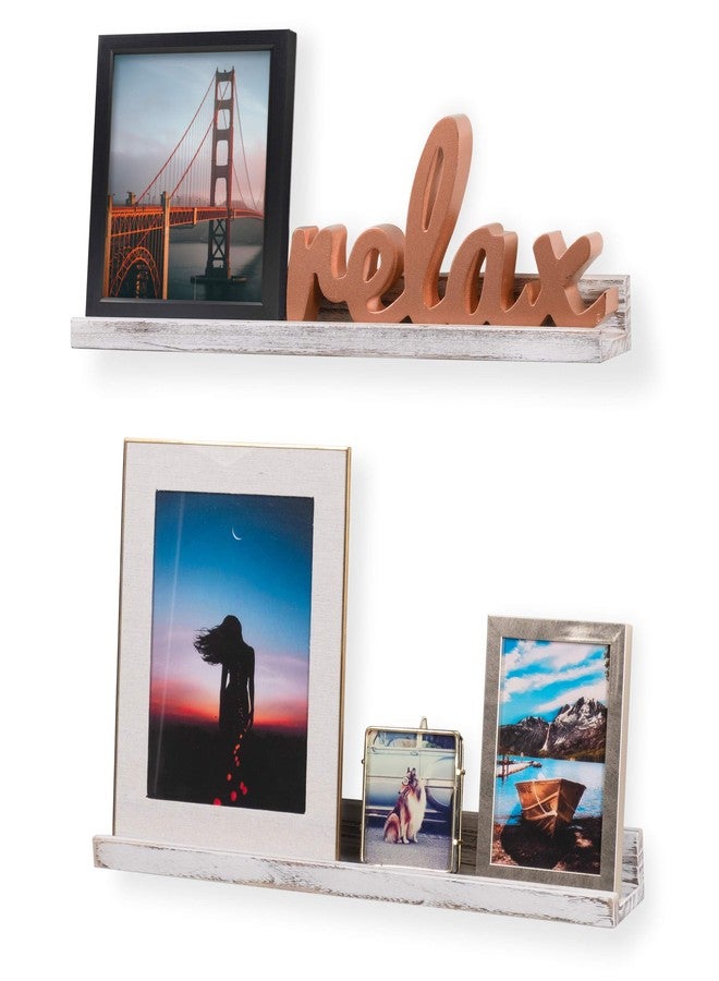 Rustic State Ted 24" Wall Mount Picture Ledge Photo Frame Display - Wooden Floating Shelves for Living Room Office Kitchen Bedroom Bathroom Décor Storage - Distressed White - Set of 2 - Image 1
