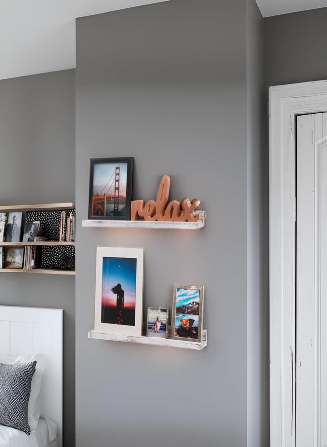 Rustic State Ted 24" Wall Mount Picture Ledge Photo Frame Display - Wooden Floating Shelves for Living Room Office Kitchen Bedroom Bathroom Décor Storage - Distressed White - Set of 2 - Image 3