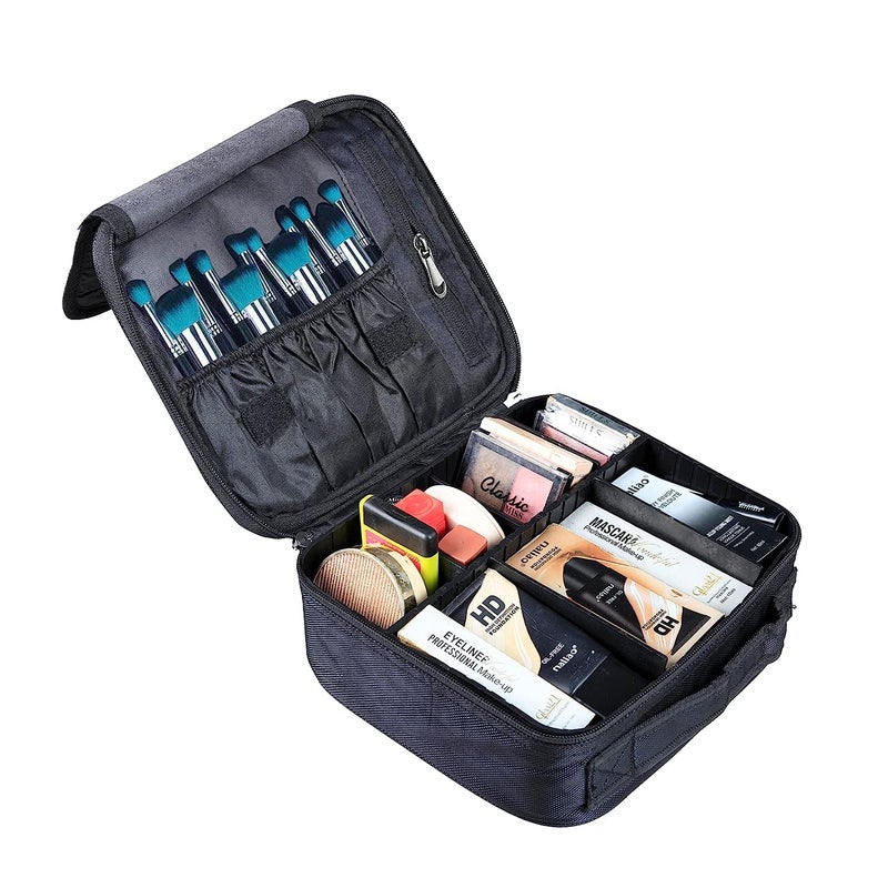 RGkJAS Cosmetic Makeup Kit Storage Organizer Nylon Professional Travel Toiletry Vanity Bag with Adjustable Compartment for Cosmetics Makeup Brushes Toiletry Jewelry Digital Accessories Black - Image 3