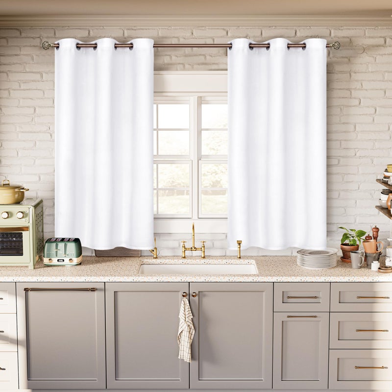 BGment White Curtains 45 Inches Length for Kitchen Window - Grommet Short Window Treatment Drapes Privacy for Bathroom Cafe Bathroom Home Decor, 2 Panels, Pure White, 38 x 45 Inch - Image 2