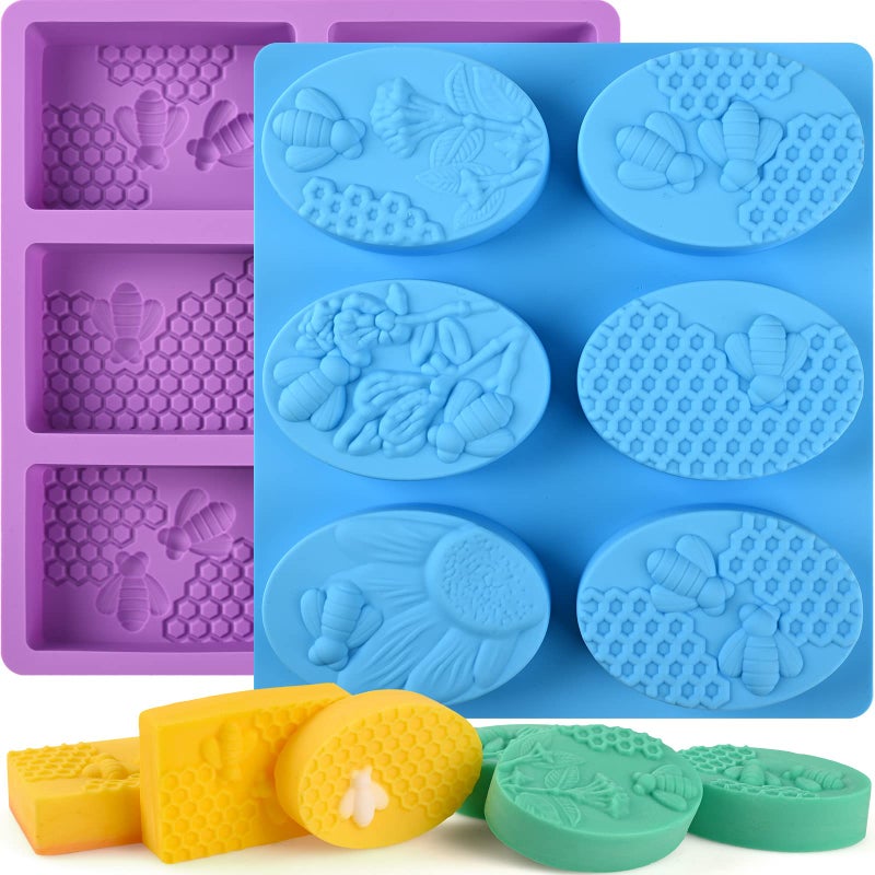 Sakolla 2 Pack 6 Cavity Bee Silicone Soap Molds Rectangle Oval Honeycomb Silicone Molds Loaf Handmade Molds for Soap Making Supplies DIY Wax Melts, Beeswax, Cake Chocolate Bakeware - Image 1