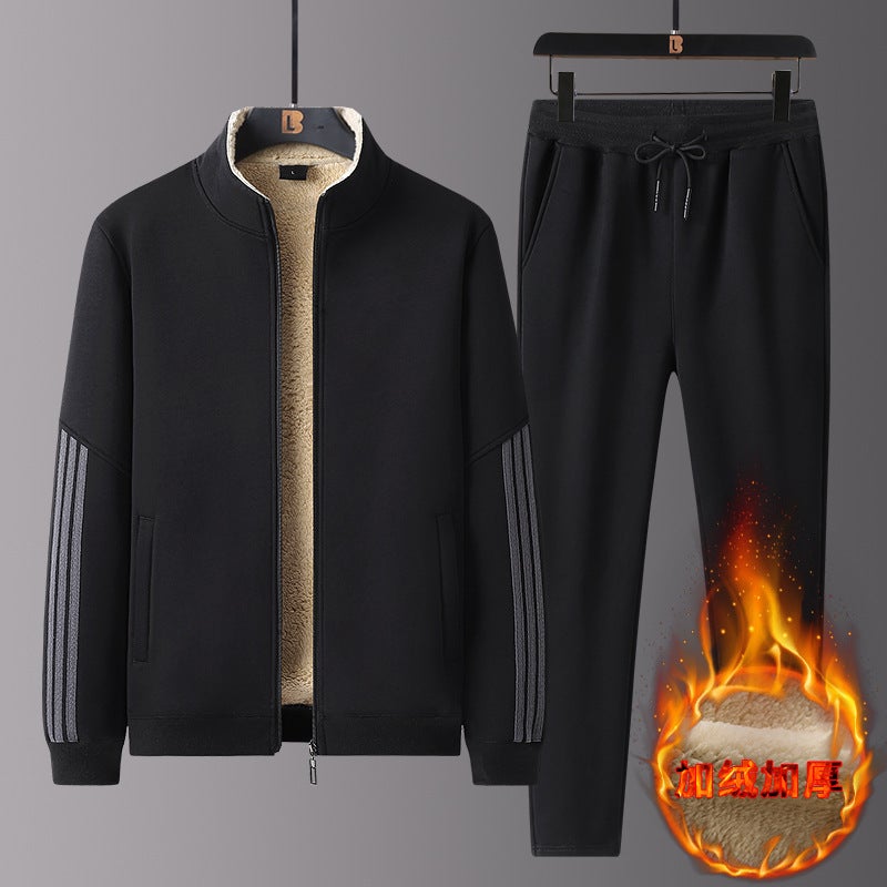 Middle-aged and Elderly Warm Sweatshirt suit Mens Winter fleece-lined Thickened Sports Jacket Dads Winter Clothing Lamb Velvet Two-piece Set 152 black