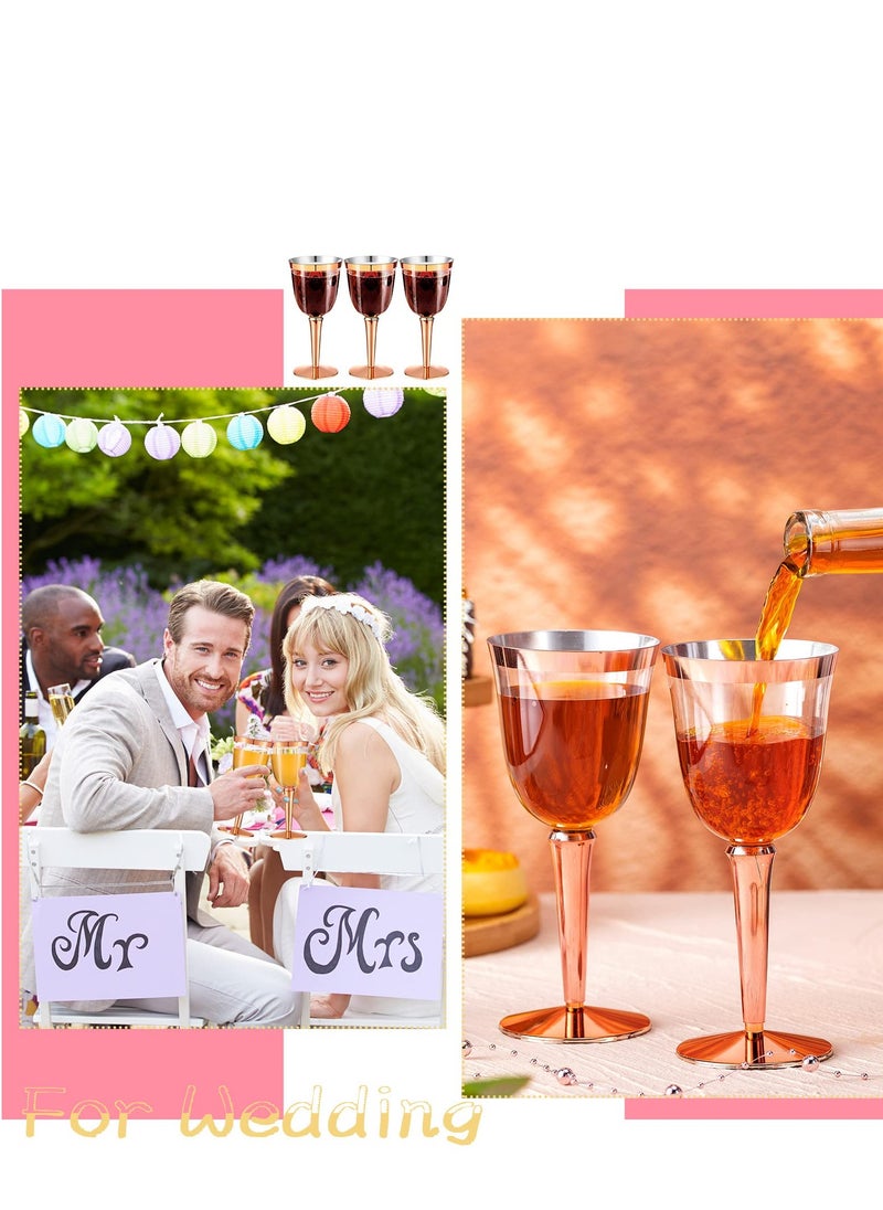 SYOSI - 25 Pack Rimmed Disposable Plastic Wine Glasses Bulk 240ml Elegant Fancy Wine Glasses Highball Glasses Transparent Cocktail Cups Long Handle Dessert Cups Party Wedding Anniversary Birthday, Rose Gold - Image 1