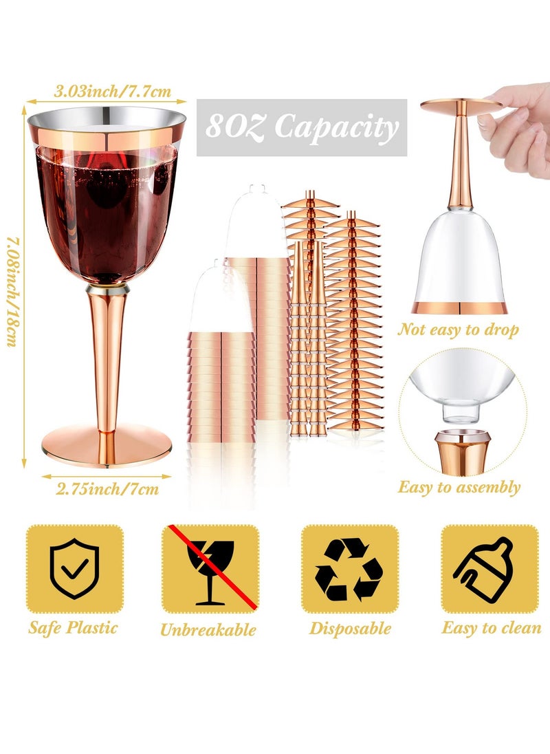 SYOSI - 25 Pack Rimmed Disposable Plastic Wine Glasses Bulk 240ml Elegant Fancy Wine Glasses Highball Glasses Transparent Cocktail Cups Long Handle Dessert Cups Party Wedding Anniversary Birthday, Rose Gold - Image 1