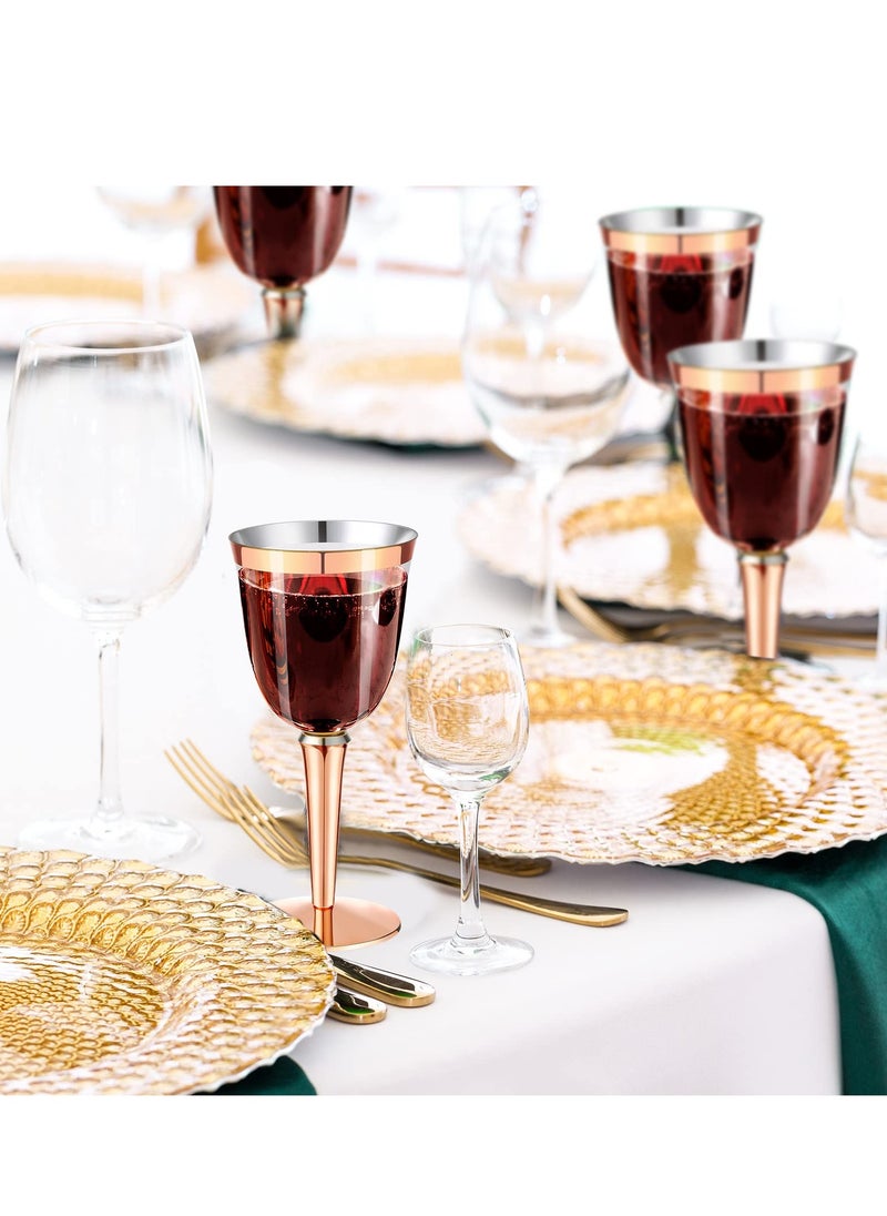 SYOSI - 25 Pack Rimmed Disposable Plastic Wine Glasses Bulk 240ml Elegant Fancy Wine Glasses Highball Glasses Transparent Cocktail Cups Long Handle Dessert Cups Party Wedding Anniversary Birthday, Rose Gold - Image 1