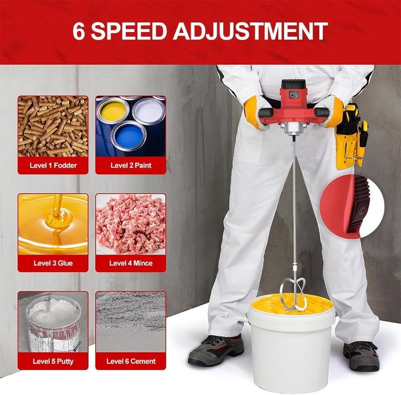 Cement Mixer 2100W Electric Handheld Cement Mixer 2Pcs Mixing Heads Included Portable Mortar Mixer With 6 Adjustable Speed Mud Mixer For Mixing Plaster Cement Paint Fodder - Image 2