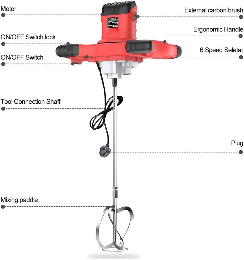 Cement Mixer 2100W Electric Handheld Cement Mixer 2Pcs Mixing Heads Included Portable Mortar Mixer With 6 Adjustable Speed Mud Mixer For Mixing Plaster Cement Paint Fodder - Image 5