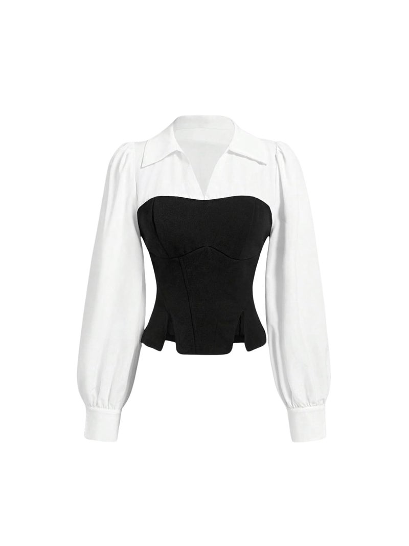 MakeMeChic Women's Long Sleeve Work Blouse Casual Color Block V Neck Split Dress Shirt Black and White Large - Image 1