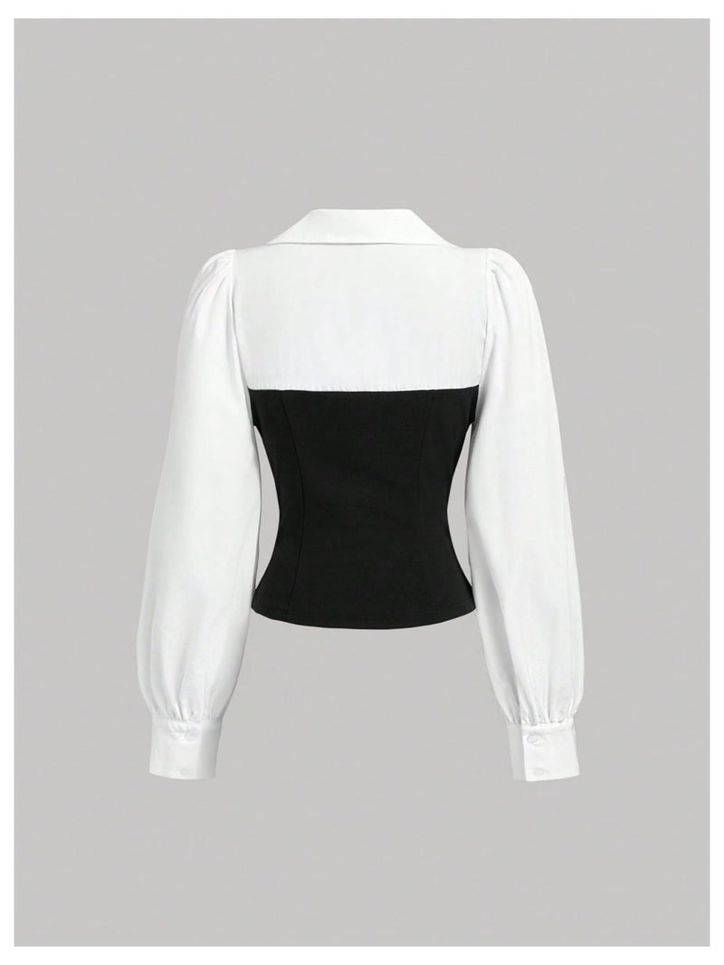 MakeMeChic Women's Long Sleeve Work Blouse Casual Color Block V Neck Split Dress Shirt Black and White Large - Image 2