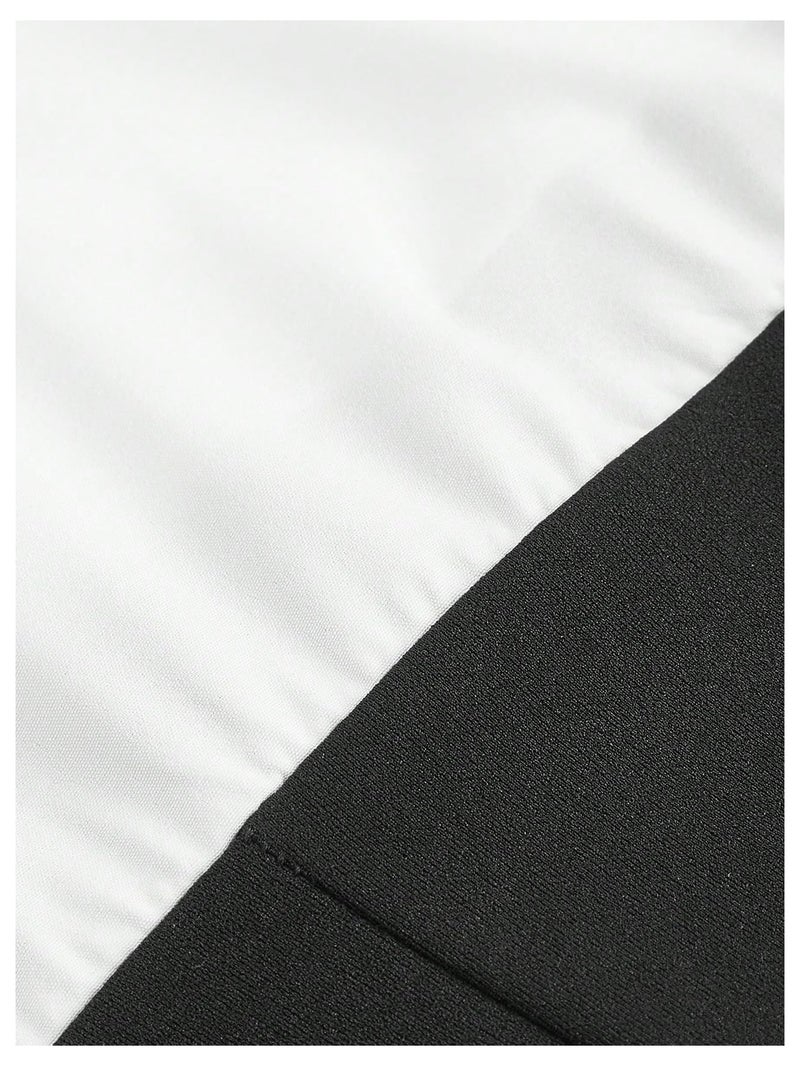 MakeMeChic Women's Long Sleeve Work Blouse Casual Color Block V Neck Split Dress Shirt Black and White Large - Image 3