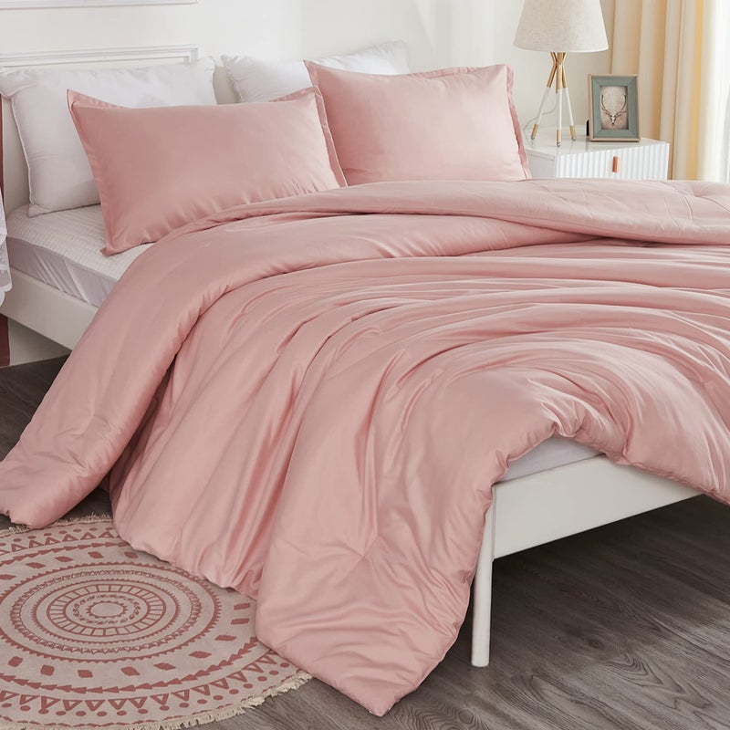 Litanika Litanika Pink Queen Size Comforter Set 3 Pieces Blush Plain Bedding Comforter Set All Season Bed Set 90x90In Comforter  2 Pillowcases 