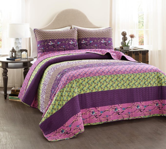 ROYAL EMPIRE REVERSIBLE COTTON QUILT SET 3 PIECE STRIPED BEDDING SET BOLD COLORFUL BOHEMIAN PATTERNS SOFT COTTON FEEL FULL QUEEN PLUM