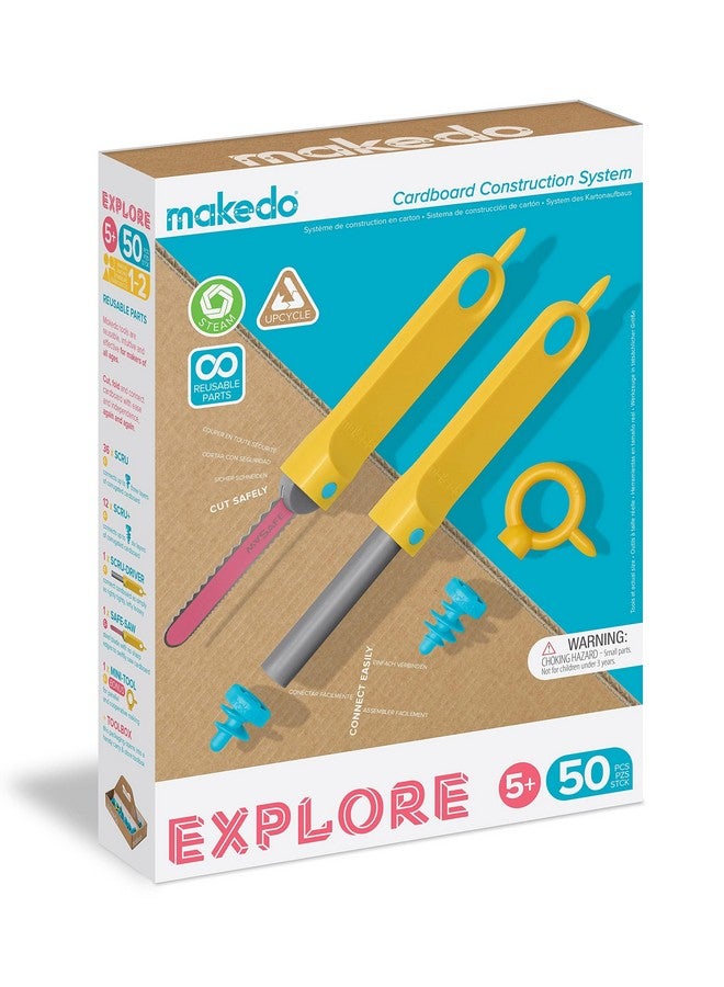 Makedo Explore Upcycled Cardboard Construction Toolkit In Small Toolbox (50 Pieces) Stem + Steam Educational Toys For At Home Play + Classroom Learning Reusable Tools For Boys And Girls Age 5+ - Image 1