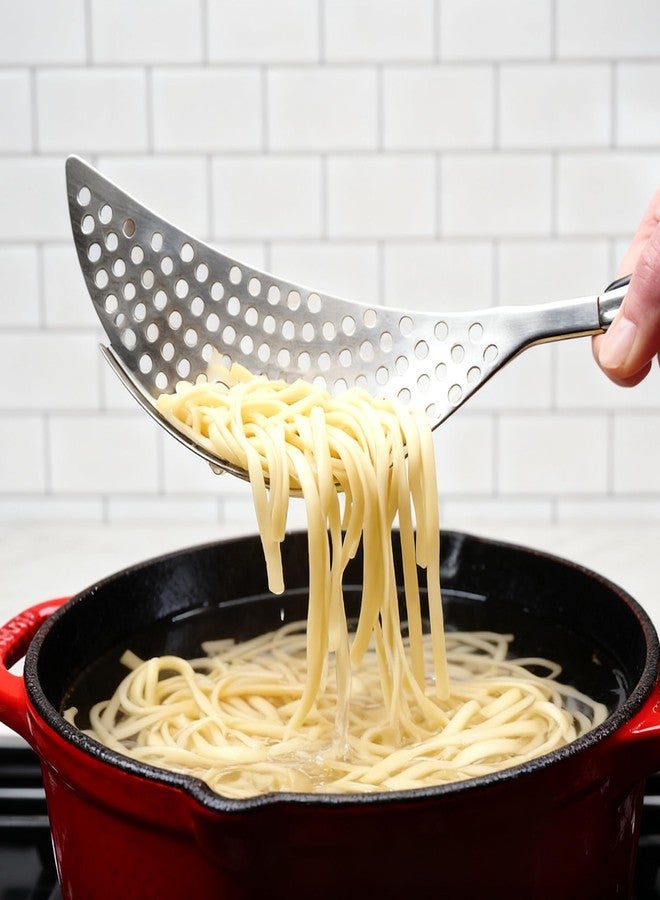 Virello Crescent Pot Strainer Stainless Steel Handheld, Versatile Kitchen Tool for Draining Spaghetti, Noodles, Vegetables, and Fruits - Image 4