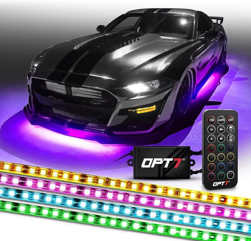 OPT7 Aura Flexible Underglow Car Lights with APP & Remote Control, Exterior Neon Accent Underbody Lighting Kit, 4 PCS RGB LED Light Strips for Cars Trucks RV, Waterproof, Multi Colors Music Mode, 12V - Image 1