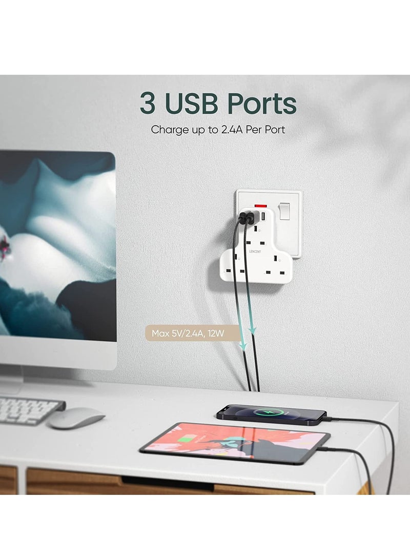LENCENT USB Plug Extension with 3 USB Ports, 3 Way USB Socket Extension, 6-in-1 USB Outlet Plug Extender for Household Appliances, iPhone, Smartphone... - Image 4