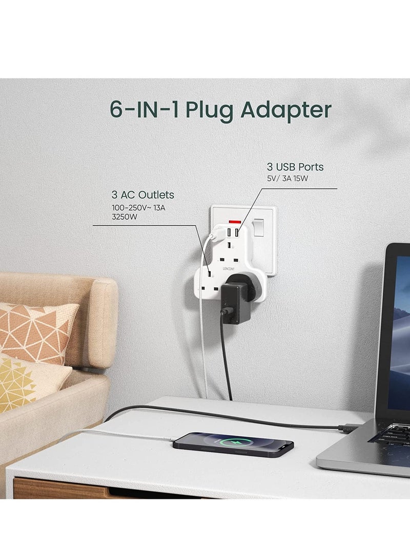 LENCENT USB Plug Extension with 3 USB Ports, 3 Way USB Socket Extension, 6-in-1 USB Outlet Plug Extender for Household Appliances, iPhone, Smartphone... - Image 2