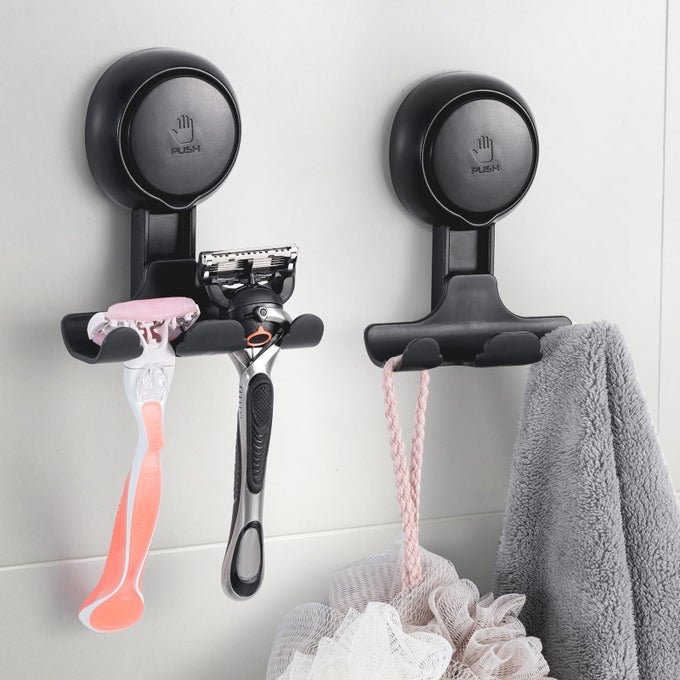 RAZOR HOLDER FOR SHOWER 2 PACK VACUUM BATHROOM SUCTION HOOK REUSABLE FOR TOWEL, ROBES, RAZOR, BATH BALL, DAMAGE-FREE WALL SHOWER HOOK SHAVER HOLDER MULTIPURPOSE HANGING, BLACK
