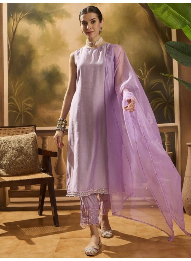 أيه كيه إس كرتا بلا أكمام باللون اللافندر مع شالار ووشاح أورجانزا مرصع بالترتر - Image 1