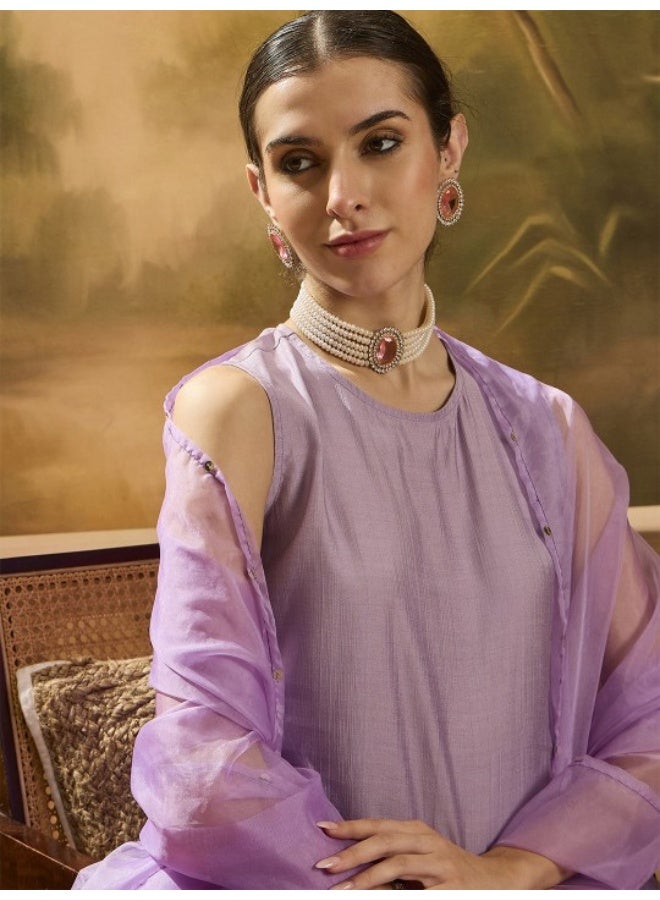 أيه كيه إس كرتا بلا أكمام باللون اللافندر مع شالار ووشاح أورجانزا مرصع بالترتر - Image 2