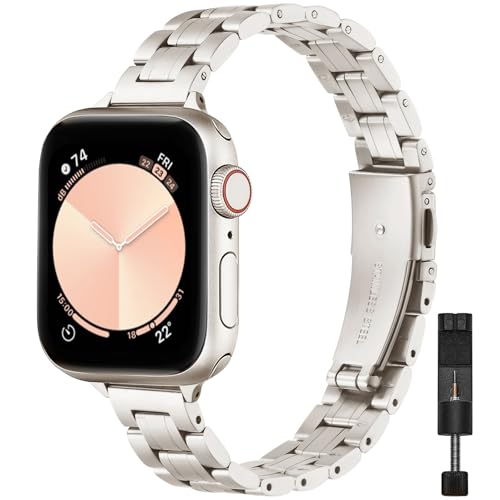 STIROLL Thin Replacement Band Compatible for Apple Watch 38mm 40mm 41mm 42mm(Series 11 10), Stainless Steel Metal Wristband Women Men for iWatch Ultra SE Series 9 8 7 6 5 4 3 2 1, Starlight - Image 1