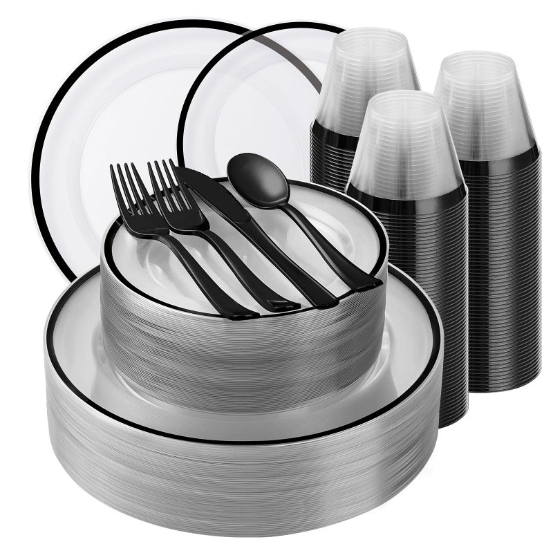 Beststar 350PCS Black and Clear Plastic Dinnerware Sets for 50 Guests  Include 100 Black Disposable Plates  100 Forks  50 Knives  50 Spoons  50 Cups - Image 1