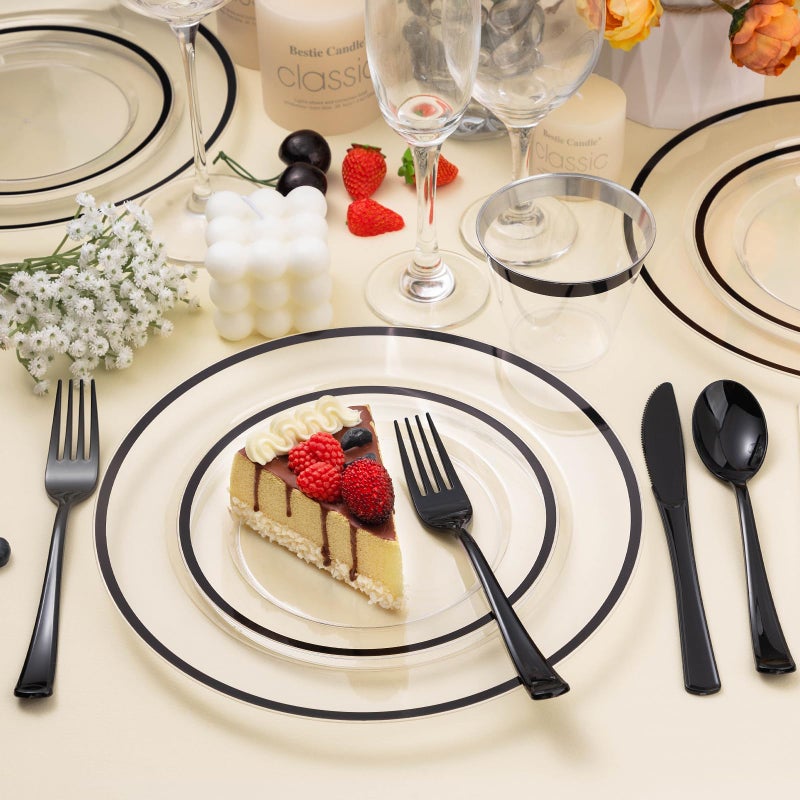 Beststar 350PCS Black and Clear Plastic Dinnerware Sets for 50 Guests  Include 100 Black Disposable Plates  100 Forks  50 Knives  50 Spoons  50 Cups - Image 3