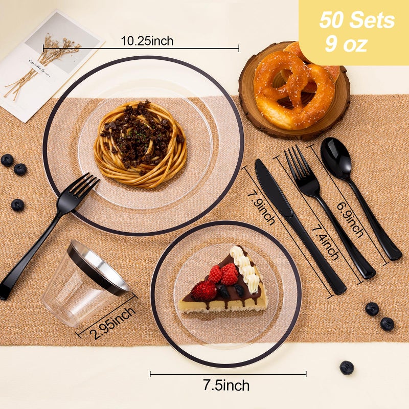 Beststar 350PCS Black and Clear Plastic Dinnerware Sets for 50 Guests  Include 100 Black Disposable Plates  100 Forks  50 Knives  50 Spoons  50 Cups - Image 2