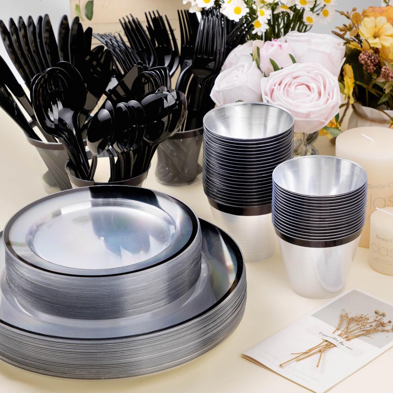 Beststar 350PCS Black and Clear Plastic Dinnerware Sets for 50 Guests  Include 100 Black Disposable Plates  100 Forks  50 Knives  50 Spoons  50 Cups - Image 4