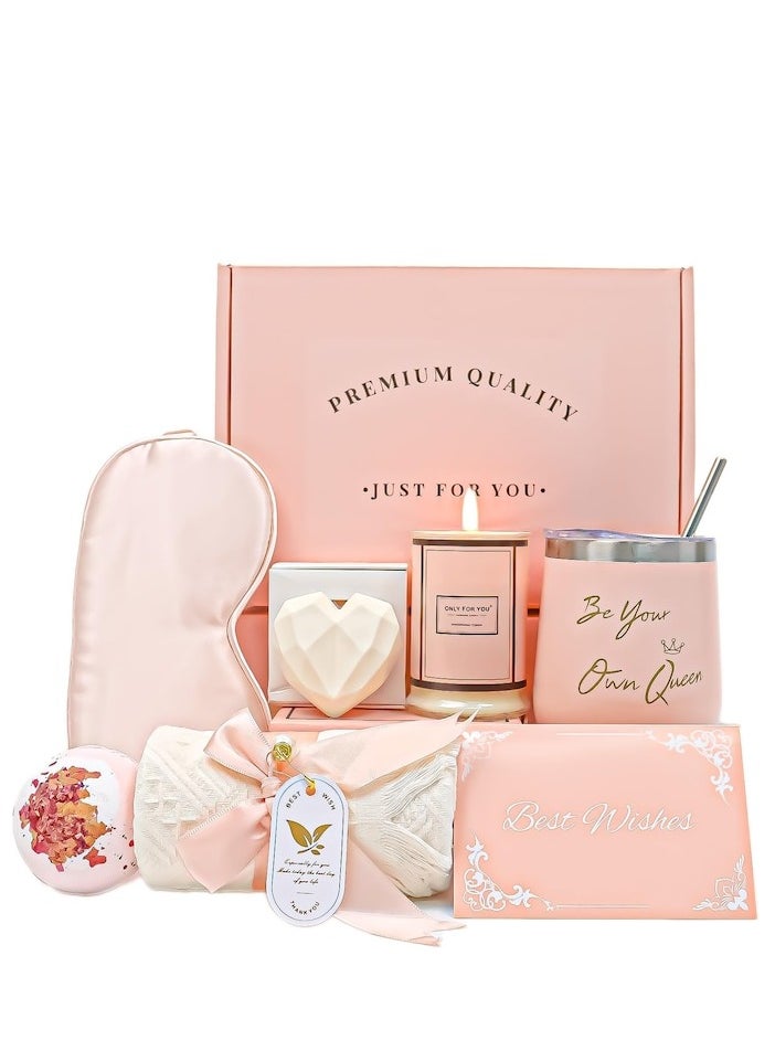 XiuWoo Set for Women, Satin Nightgown Box, Card, eyes mask, "Be Your Own Queen" Thermos, Scented Candle, Heart Soap, Effervescent Bath Salt and Cotton Towel, Pink  - Image 1