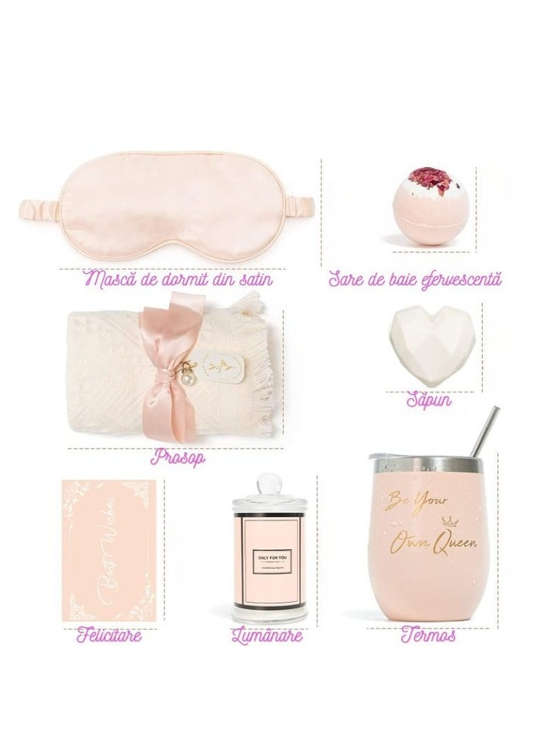 XiuWoo Set for Women, Satin Nightgown Box, Card, eyes mask, "Be Your Own Queen" Thermos, Scented Candle, Heart Soap, Effervescent Bath Salt and Cotton Towel, Pink  - Image 2