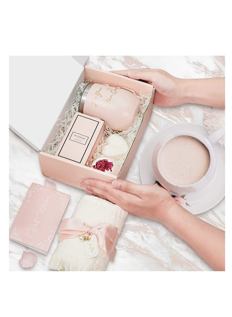XiuWoo Set for Women, Satin Nightgown Box, Card, eyes mask, "Be Your Own Queen" Thermos, Scented Candle, Heart Soap, Effervescent Bath Salt and Cotton Towel, Pink  - Image 4