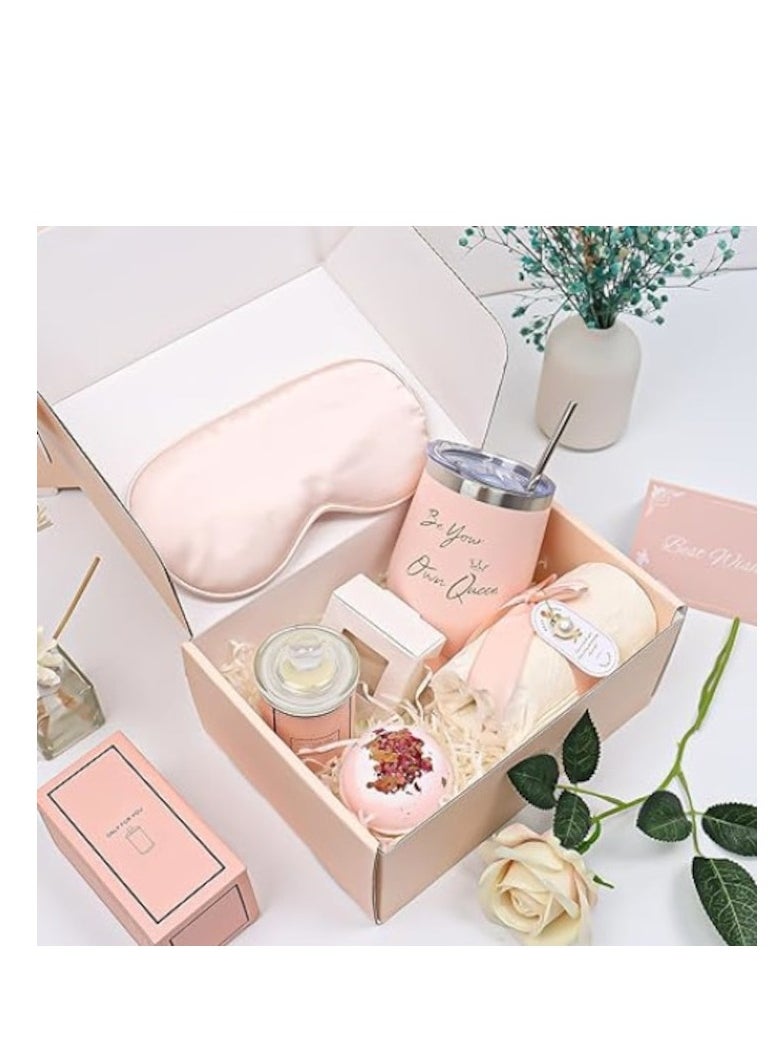 XiuWoo Set for Women, Satin Nightgown Box, Card, eyes mask, "Be Your Own Queen" Thermos, Scented Candle, Heart Soap, Effervescent Bath Salt and Cotton Towel, Pink  - Image 5