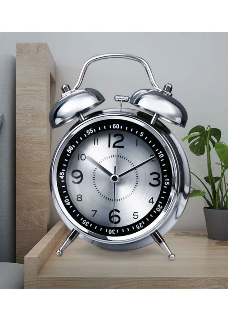 SYOSI - Loud Alarm Clock for Heavy Sleepers Adults, Retro 4 Inch Silent Non-Ticking Quartz with Backlight, Twin Bell Analog Kids Alarm Clocks for Bedrooms Bedside Silver - Image 1